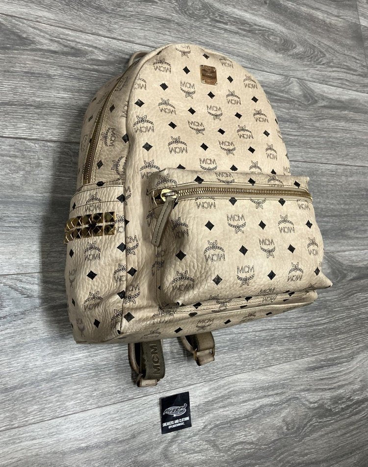 MCM Stark Side Studs Backpack In Visetos ' Beige