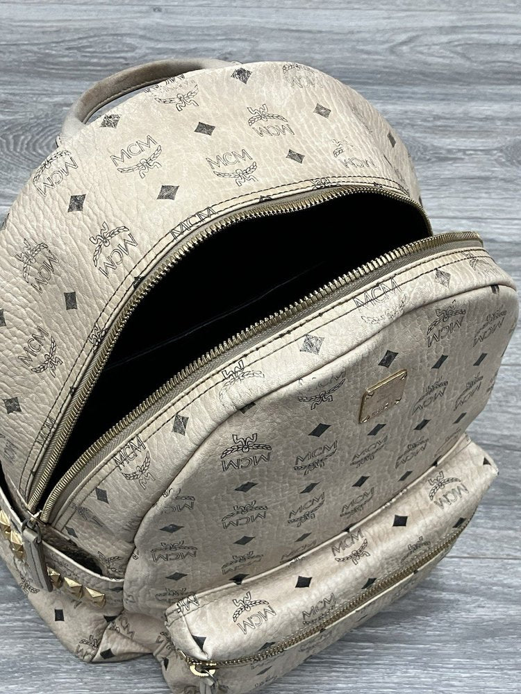 MCM Stark Side Studs Backpack In Visetos ' Beige