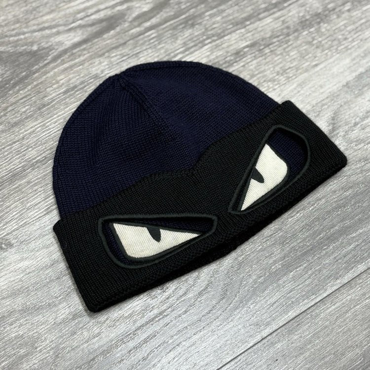 Fendi Embroidered Bad Bugs Monster Eyes Beanie ' Navy Blue Black '