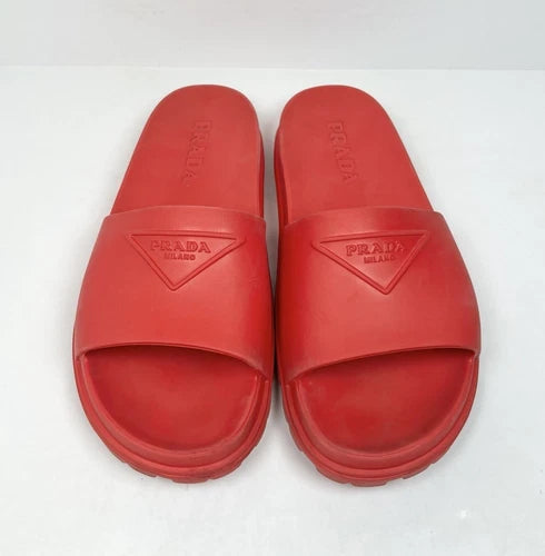 Prada Men's Triangle Logo Red Rubber Slides Sandals