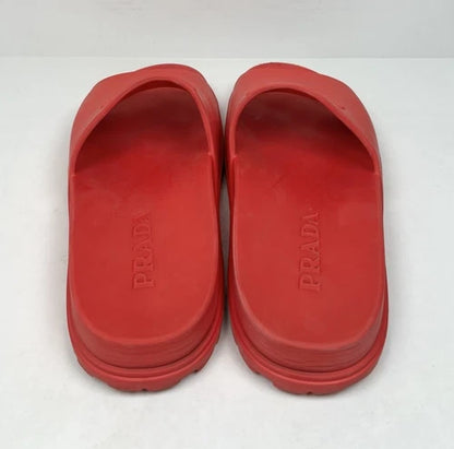 Prada Men's Triangle Logo Red Rubber Slides Sandals