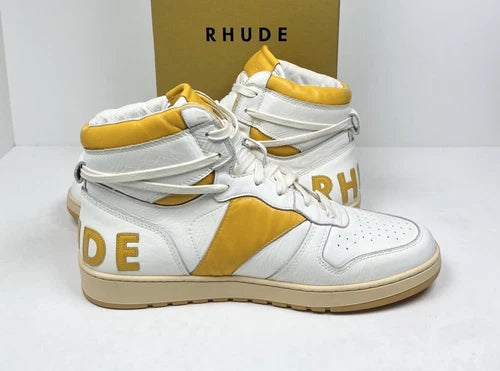 Rhude Yellow Rhecess Leather High Top Sneakers UK 9