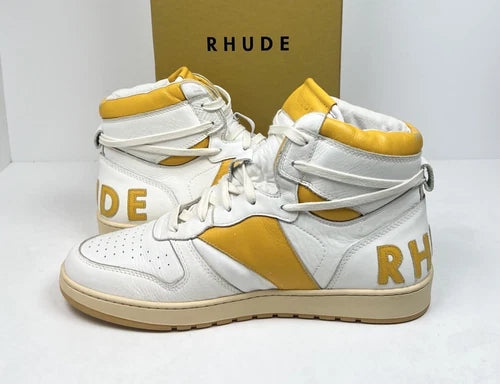 Rhude Yellow Rhecess Leather High Top Sneakers UK 9